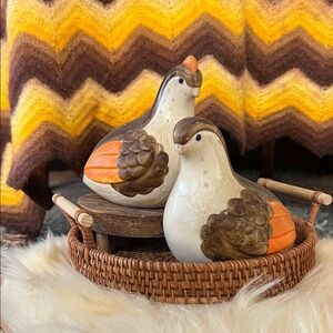 Ceramic Quail Figurines with Orange and Brown Accents